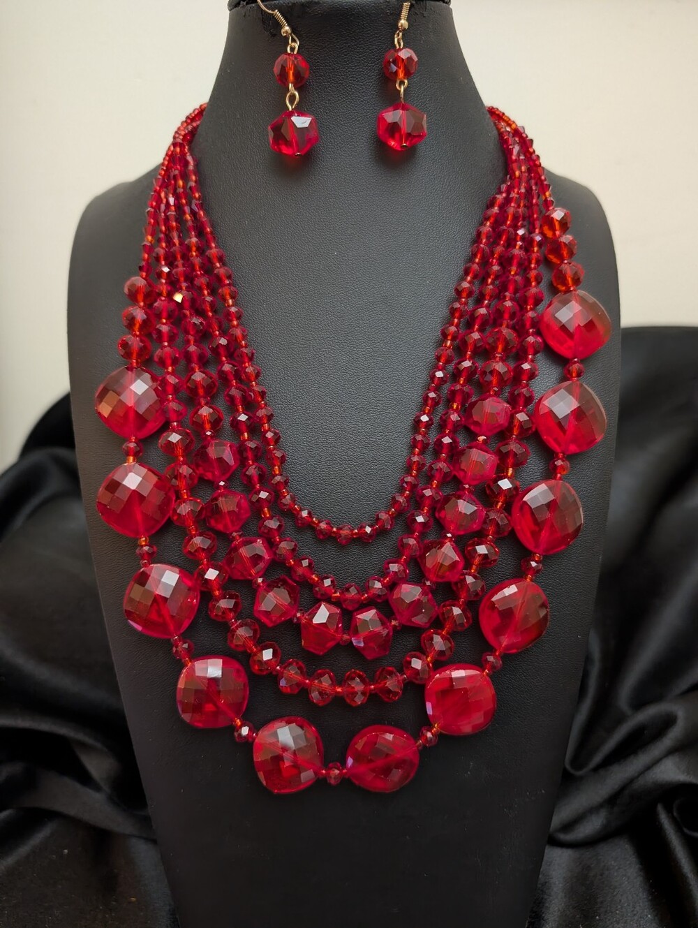 #11. Red 5 Strand Crystals Necklace &; Earrings